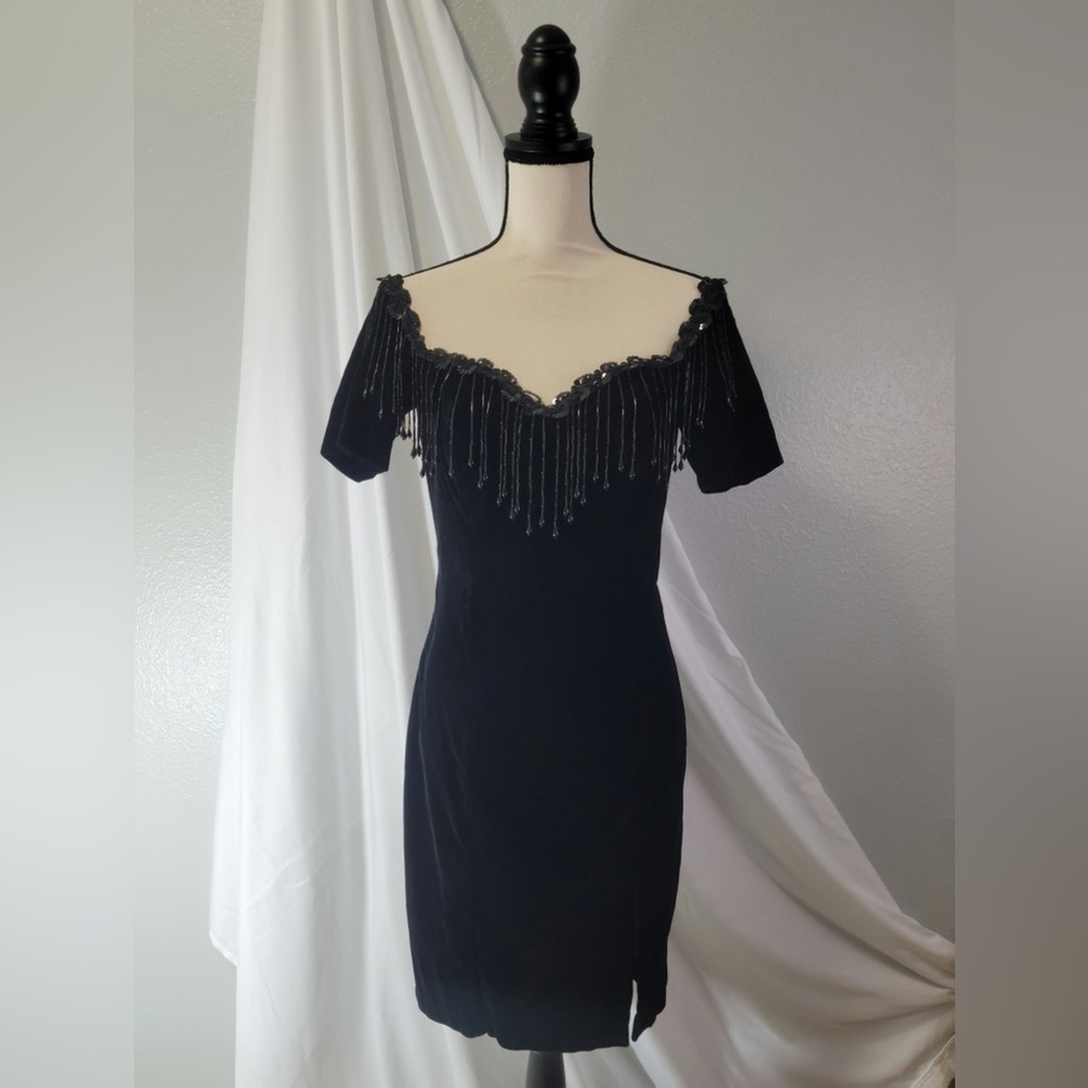 Elegant Black Midi Dress with Beaded Fringe